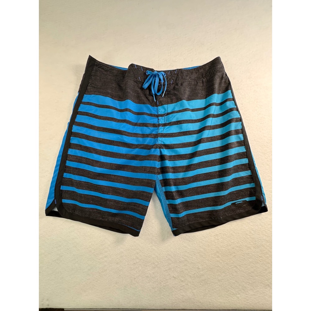 Oakley Mens Blue Black Striped Recycled Polyester Board Shorts Swim Trunks 38